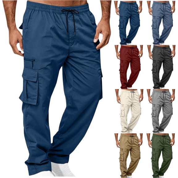 Aezemi Men Straight Leg Cargo Pants with Multiple Pockets Lightweight Fashion Elastic Waist Pull on Hiking Pants Drawstring Trendy Workout Outdoor Trousers 3XL