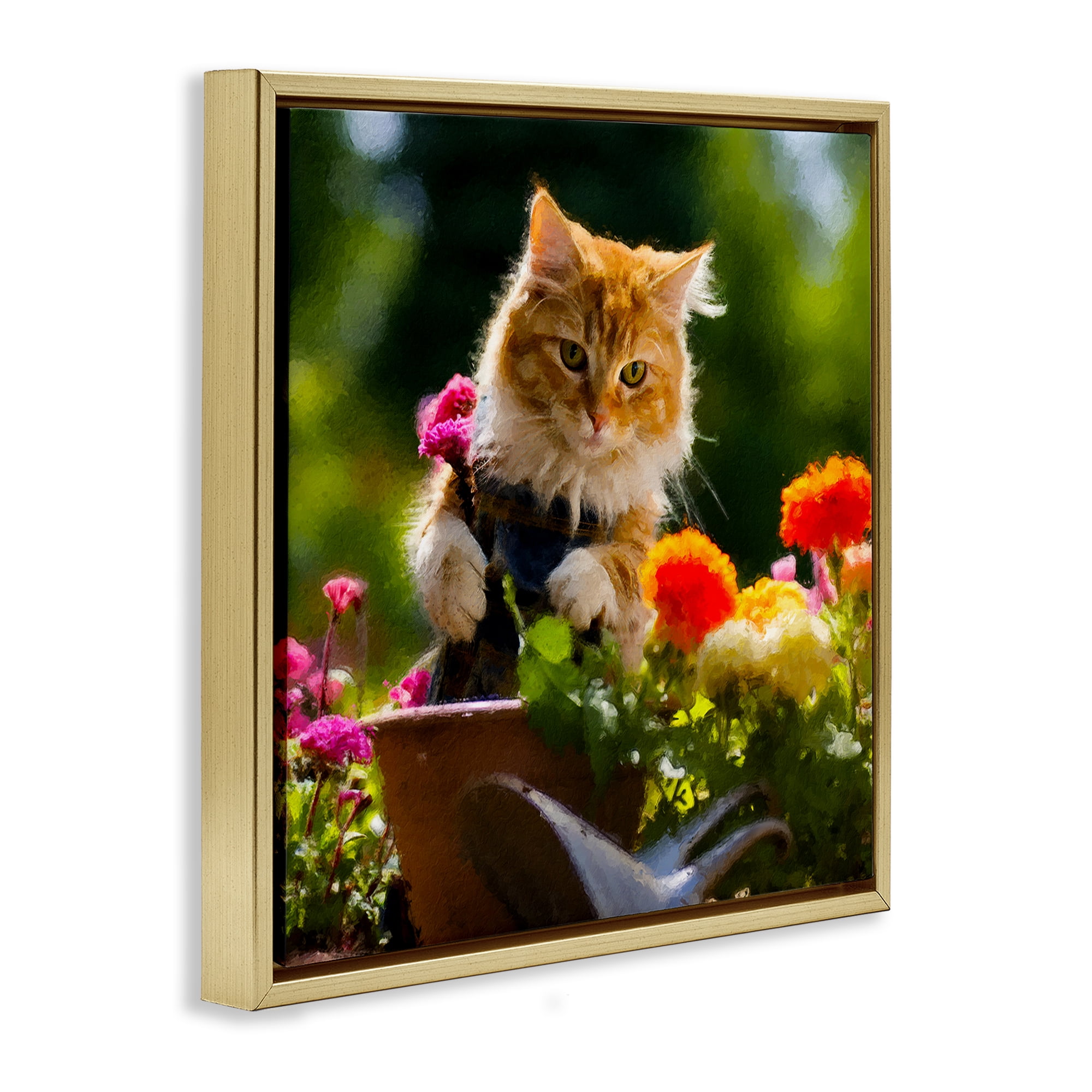 Stupell Industries Spring Gardener Kitten Animals & Insects Painting Gold Floater Framed Canvas Art Print Wall Art, 25 x 25