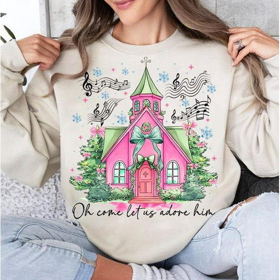 Oh Come Let Us Adore Him Sweatshirt, Hand-Drawn Christian Christmas Shirt, Jesus Holiday SWEAT Sweatshirt with Coquette Tree, Oh Holy Night Watercolor Top BO120709
