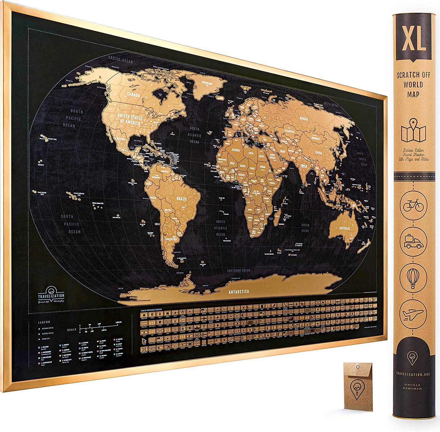 Deluxe Cartographic design by Atlas&Green 70 x 42cm Ultra detailed with all U.S States Rose Gold Accessories Kit and Gift Tube Scratch Off World Map Large