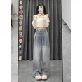 thumbnail image 4 of Pantalones azules de cintura alta para mujer, Vaqueros rectos sueltos lavados con cremallera, Vaqueros largos, ropa de calle elegante de pierna ancha Y2k, 4 of 5