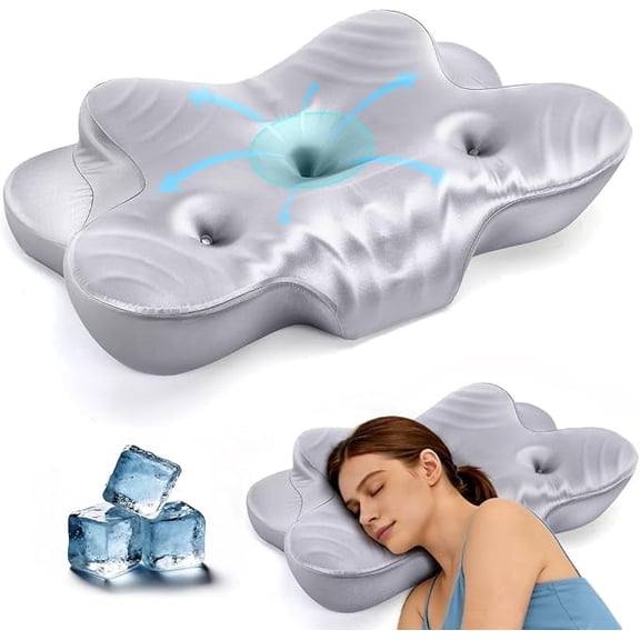 CCidea Dual Ear Relief Zone Contour Pillow, Ice Silk Satin Cervical Memory Foam Pillow for Sleeping, Ergonomic Neck Support for Side, Back & Stomach Sleepers