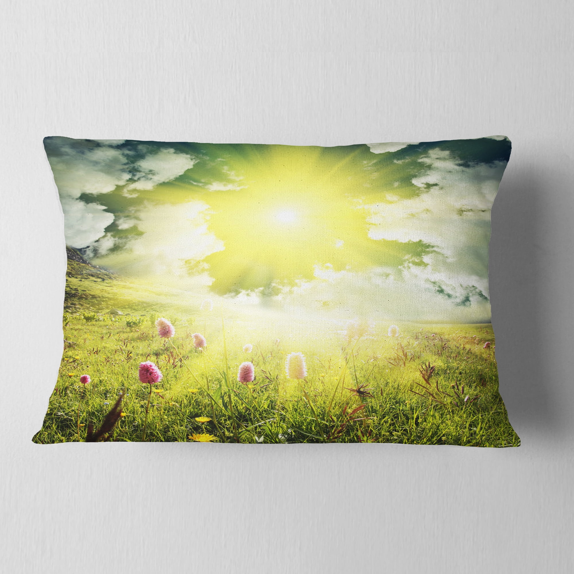 Designart Mountains Pasture under Bright Sunset - Landscape Printed Throw Pillow - 12x20