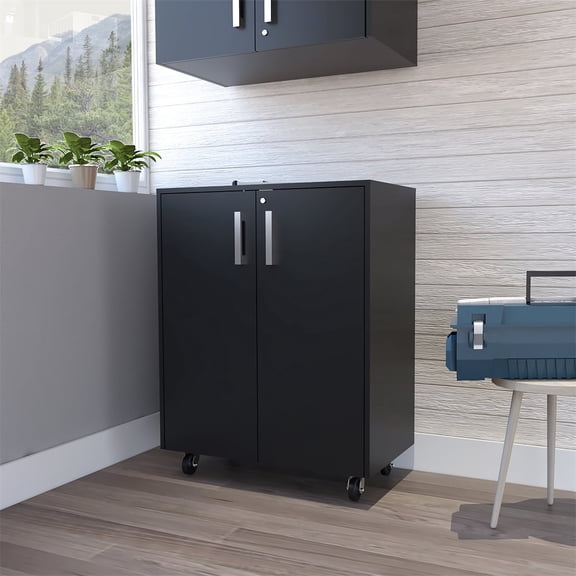 Dtwnek 2 Door Storage Cabinet with Wheels and 2 Interior Shelves, Black