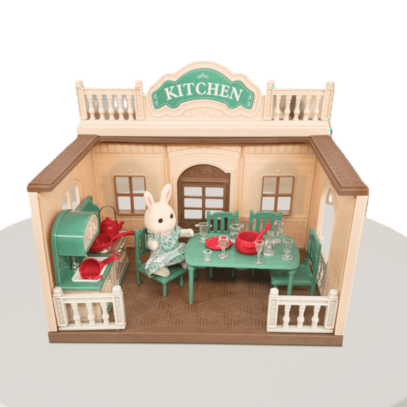 OLEOCA Family  Kitchen Room Dollhouse Playset with Miniature Doll Figure, Furniture and Utensils included