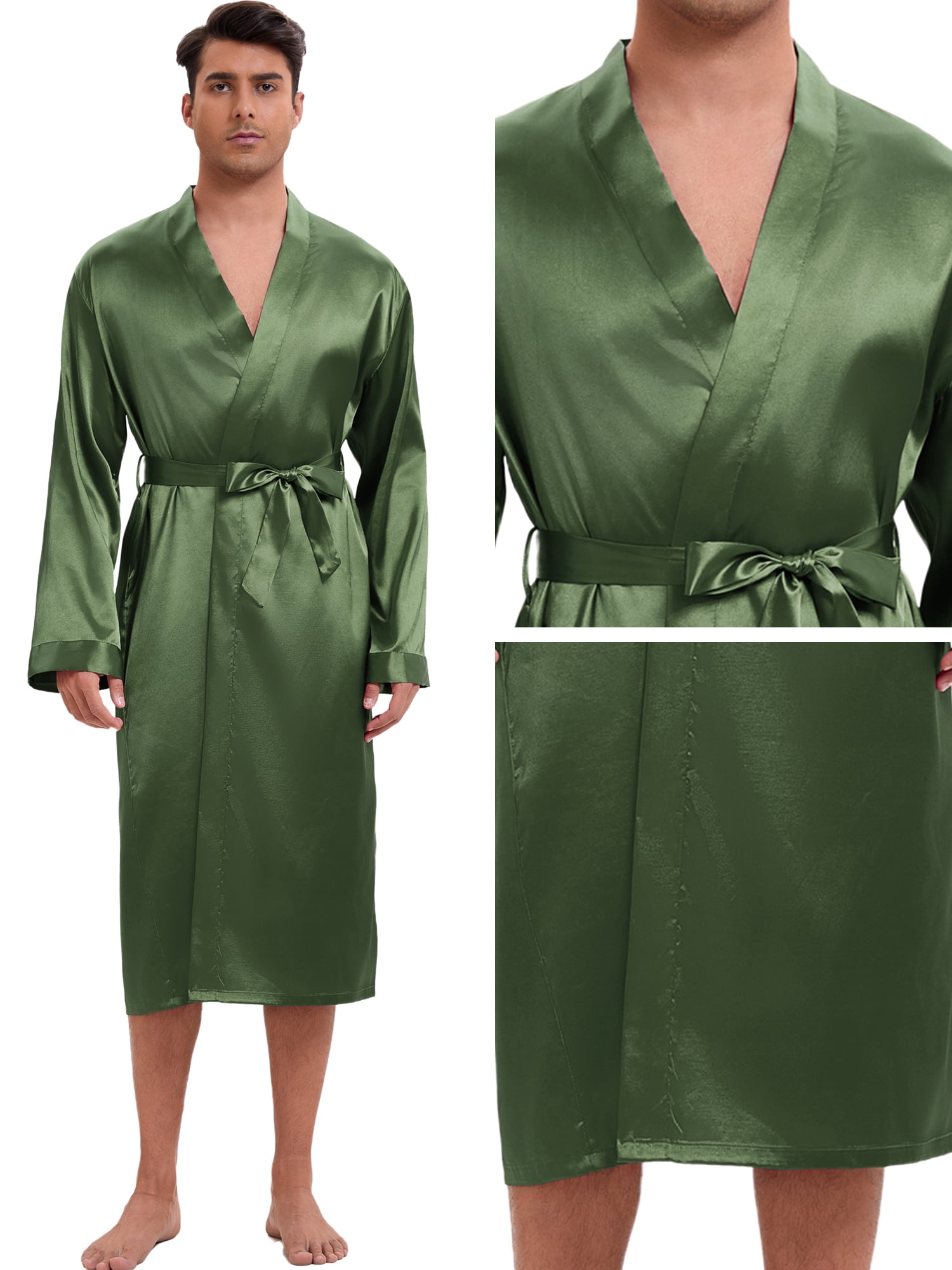 DARING DIVA Men's Long Sleeve Kimono Bathrobe Sleepwear with Shorts Set L Green