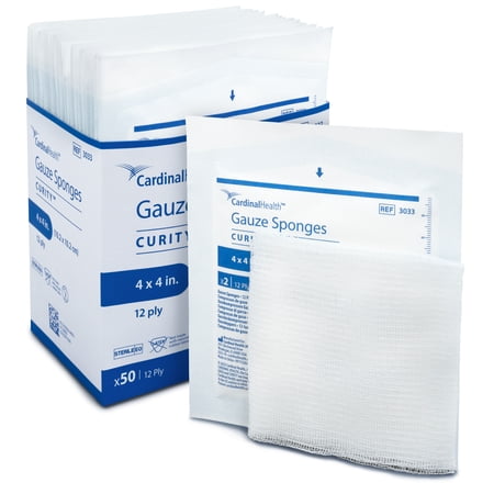 Curity Gauze Sponges 4” x 4”, 12‑Ply, Sterile - USP Type VII Cotton Medical Dressing, Latex‑Free Wound Care Pads for Cleaning, Packing & Debriding, 3033 (Box of 25)