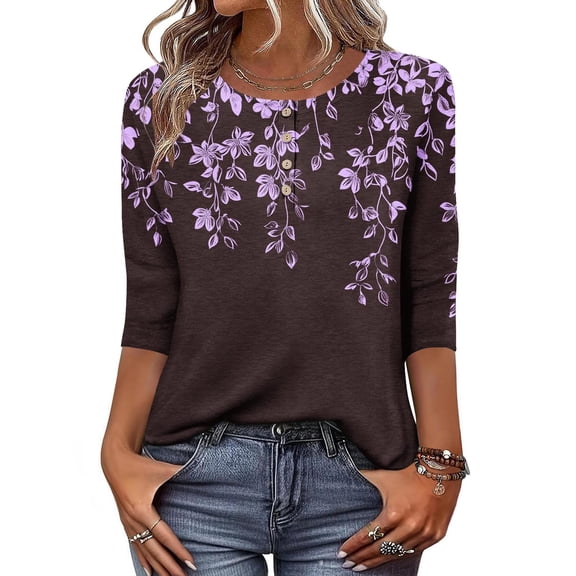 Jsaierl 3/4 Sleeve Tops for Women Plus Size Button Up Crew Neck Shirts Fashion Graphic Petite Blouses Work Dressy Tunic Top S-2XL