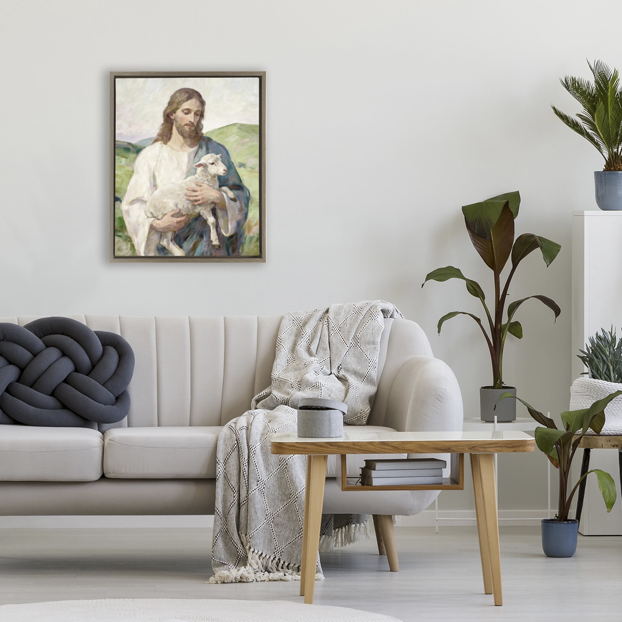 Stupell Industries Little Lamb & Spiritual Figure Brown Framed Floater Canvas Wall Art, design by Kim Allen