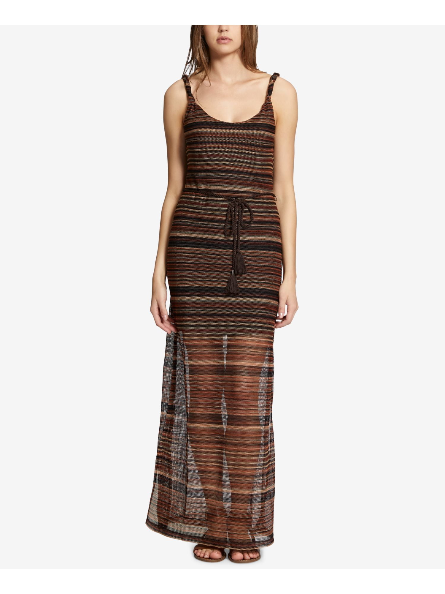 Sanctuary - SANCTUARY Womens Brown Striped Horizon Maxi Sleeveless Scoop Neck Maxi Sheath Dress 