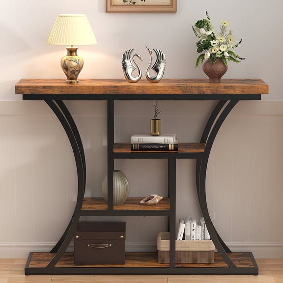 Vingud Console Table with Curved Frames and 3 Open Shelves, Entryway Table for Hallway Entrance Living Room, Rustic Brown Black 41 inches