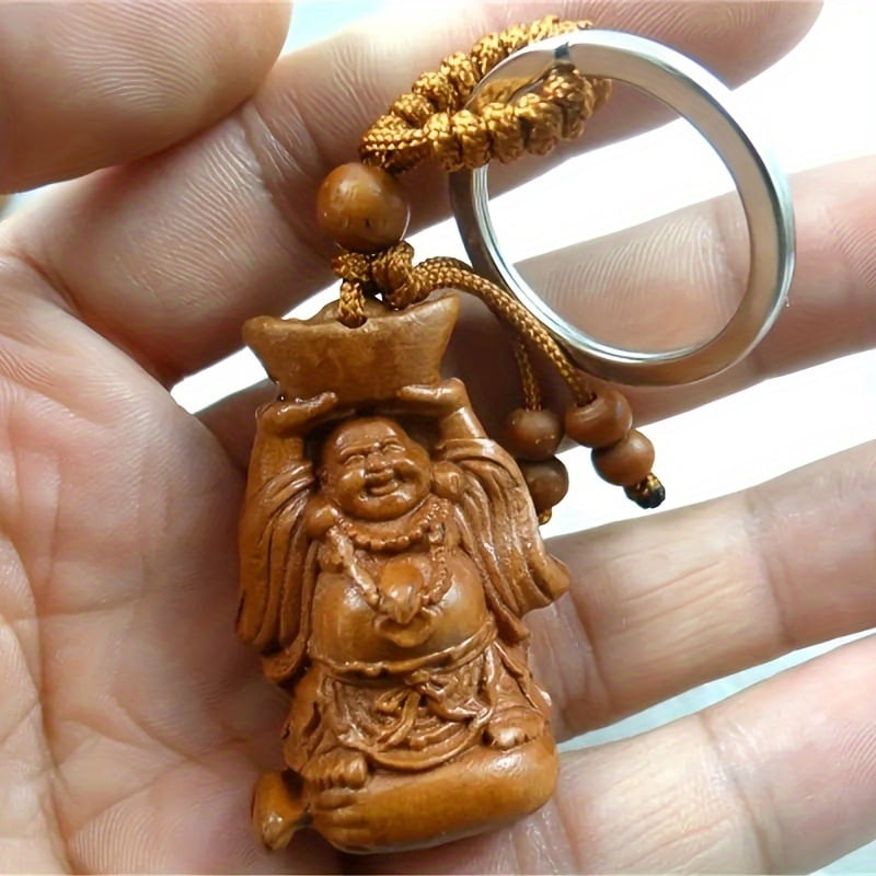 Men's Nature Mahogany Carving Key Ring, Details of the Buddha Stature Design, Business Style -DURable Wood and Metal Ring Accessories, Wealth Symbols | Spiri Tual Embellishment | Unique Key Ring