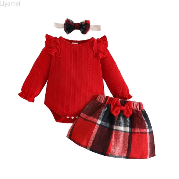 Liyamei Girls Long Sleeve Ruffles Ribbed Romper Bodysuit Plaid Bowknot Skirts Outfits Toddler Girl 2-Piece Sets Size Red 9-12 Months
