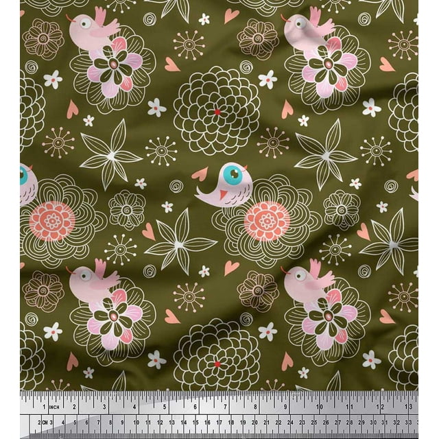 Soimoi Poly Crepe Fabric Heart,Floral & Bird Kids Print Fabric by The Yard 42 Inch Wide