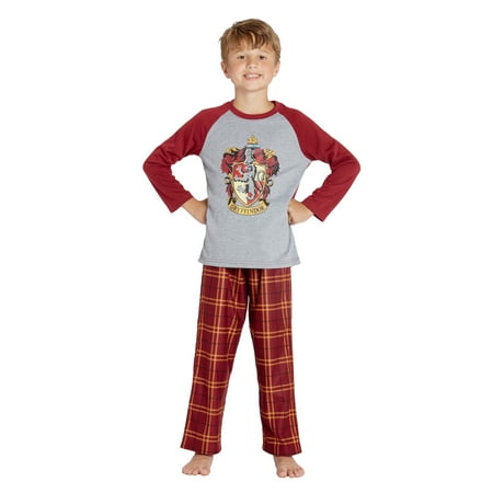 Harry Potter Boys Hogwarts Houses Crest Plaid Raglan 2PC Pajama Set - Gryffindor Hufflepuff Ravenclaw Slytherin