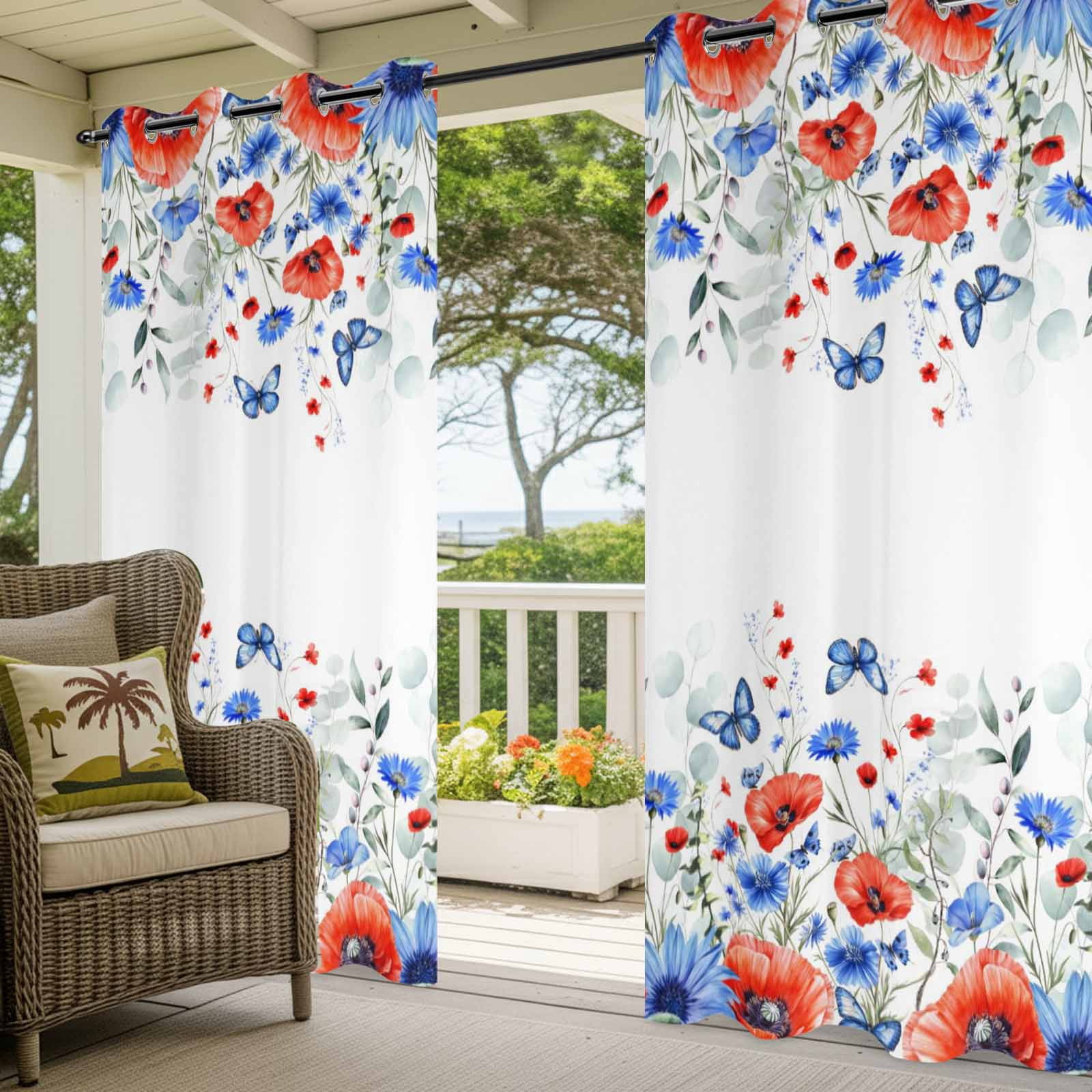Independence Day Outdoor Curtains for Patio, Red Blue Poppy Butterfly Eucalyptus Leaf Sunshade Privacy Drapes Grommet Waterproof Outside Curtains for Porch/Cabana/Balcony 54"x 108", 1 Panel