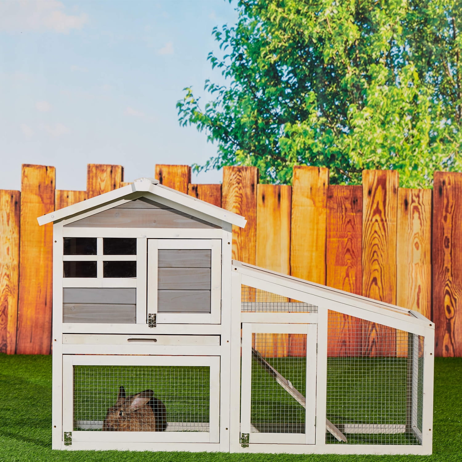 Kadyn Rabbit Hutch Indoor Outdoor, Wooden Chicken Coop for Backyard Garden, Bunny Cage Hen House with Run, Ventilation Door, Removable Tray, (Gray) Kadyn Rabbit Hutch Indoor Outdoor, Wooden Chicken Coop for Backyard Garden, Bunny Cage Hen House with Run, Ventilation Door, Removable Tray, (Gray)