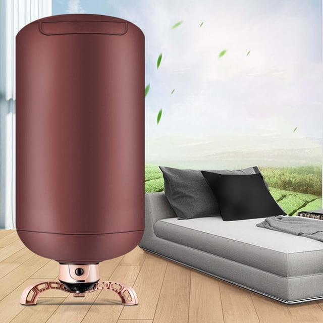 secadora portátil con calentador secador ropa 900w estante de secado de ahorro de energía secadora de ropa eléctrica para dormitorio, marrón dynwavemx secadora portátil Vista frontal centrada de la secadora portátil DYNWAVEMX en marrón: cuerpo cilíndrico vertical de tela Oxford plegable y desmontable sobre base trípode metálica, tapa superior con ventilación, tamaño aproximado 148 x 70 x 70 cm; colocada junto a un sofá en dormitorio. Adecuada para secar ropa ligera y ropa interior en espacios reducidos; a menudo se usa también como armario temporal cuando está plegada.