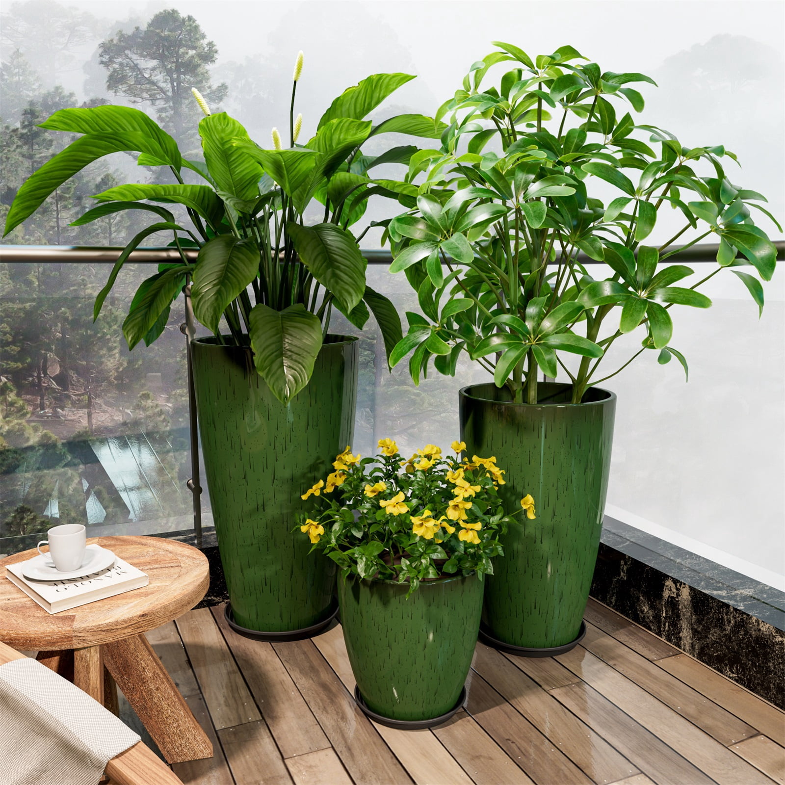 24,21,10 inch Large Planter for Indoor & Outdoor Plants, Set of 3, Sturdy Plant Flower Pots Modern Decor for Front Porch Patio,Green