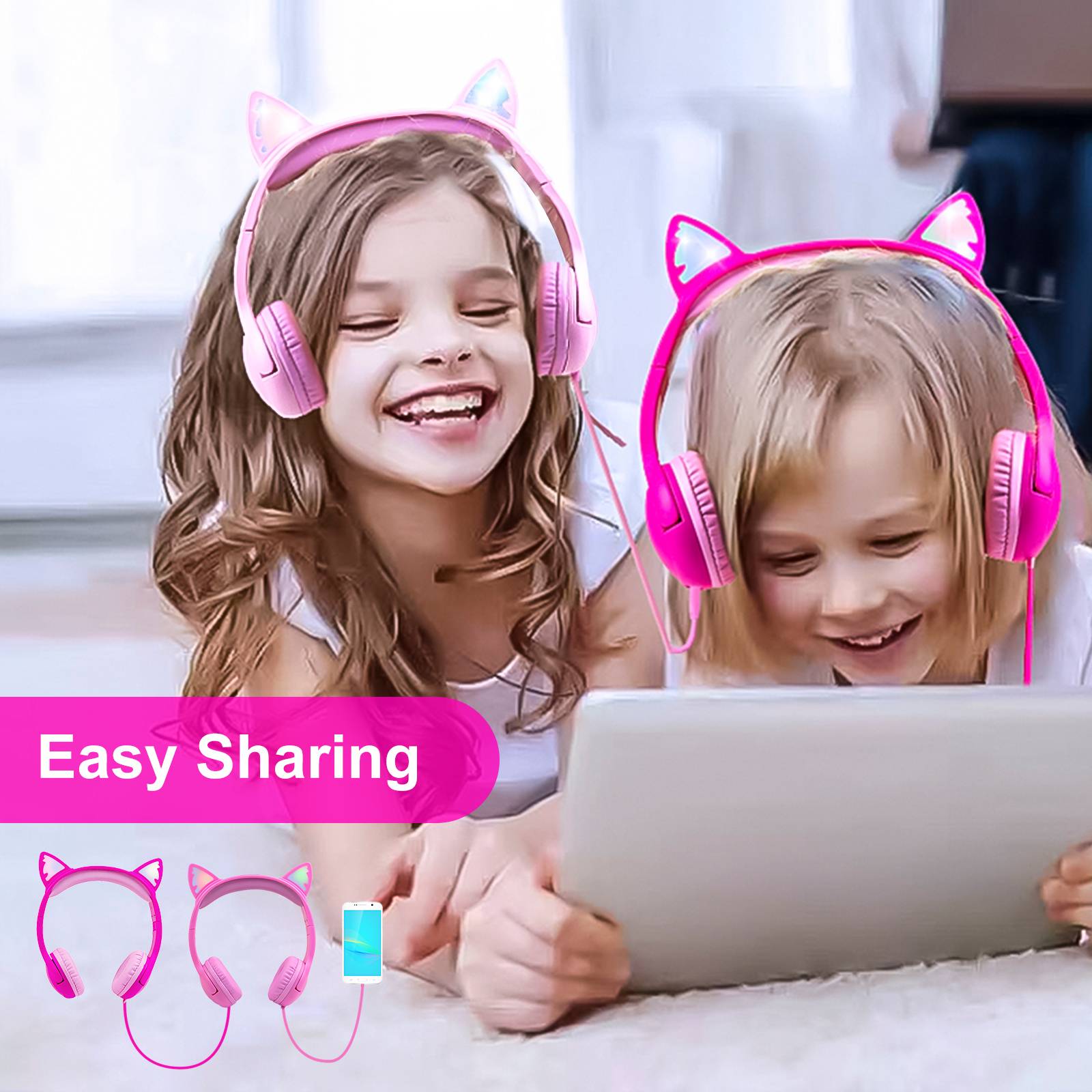 Olyre Cat Ear Kids Headphones, Wired, 85dB Volume Limit, Pink photo 5