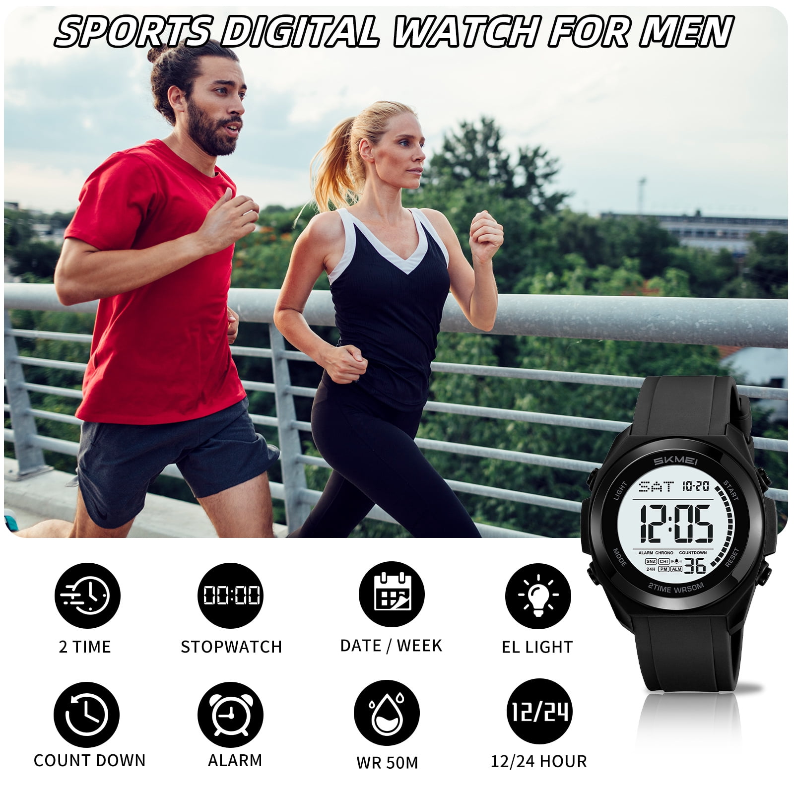SKMEI Mens Digital Watch, Sport Military Watches for Men Waterproof LED Screen Large Face Tactical Watch with Dual Time Alarm Stopwatch Wrist Watch