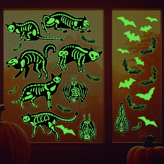 28 Peice Halloween Cats Skeleton Bats Sticker,DIY Halloween Glow in The Dark Cats Bats Wall Decals,Luminous Black Cat and Bat Stickers Decoration for Party Favors Windows Cling