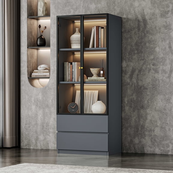Gray Glass Display Cabinet with Storage for Collectibles, Wood 3-Tier Display Case with Glass Doors and 2 Drawers , Modern Hutch Curio Cabinet for Living Room and Kitchen