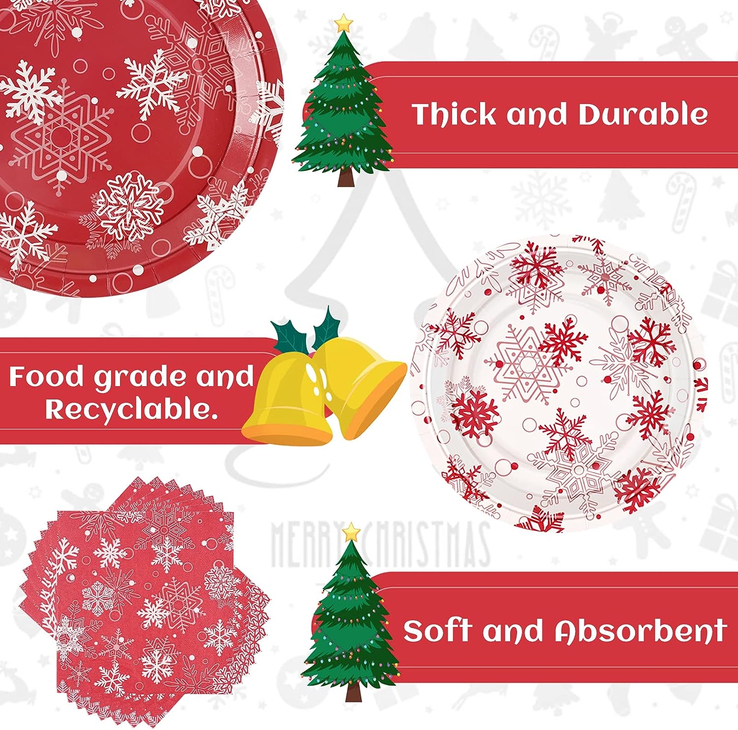 Waipfaru 200 PCS Christmas Paper Plates and Napkins White Snowflake Party Supplies Red Disposable Dinnerware Set for Christmas Decor