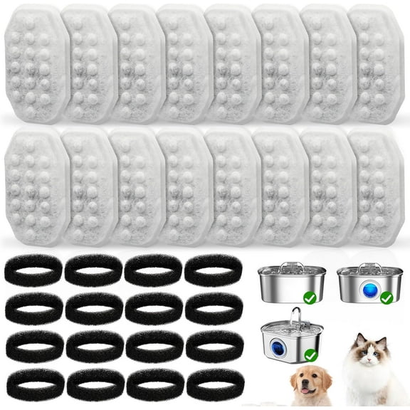 16 Pcs Cat Water Fountain Filters Replacement & Pre-Filter Sponges for 108oz/3.2 Stainless Steel Pet Water Fountain with Water Level Window