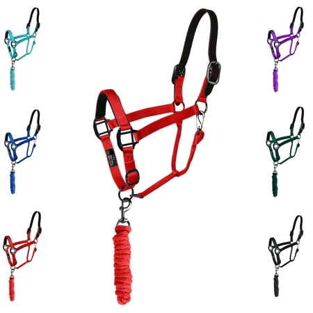 Majestic Ally Leather Halter with Matching Lead Rope for Horses &ndash; Leather Breakaway Crown - Adjustable Chin Strap &ndash; Rolled Throat Latch &ndash; Padded Noseband &ndash; Full