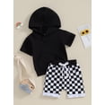 thumbnail image 3 of Suealasg Kids Boys Summer Outfits 6M 1T 2T 3T Toddler Boys Solid Color Hooded Short Sleeve T-Shirts Tops and Checkerboard Elastic Waist Shorts 2Pcs Causal Clothing for Baby Boys, 3 of 9