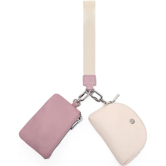 Mini Zip Around Wristlet Wallet for Women Detachable Dual Pouch Wristlet Portable Coin Pocket Keychain Small Purse (Pink Beige)