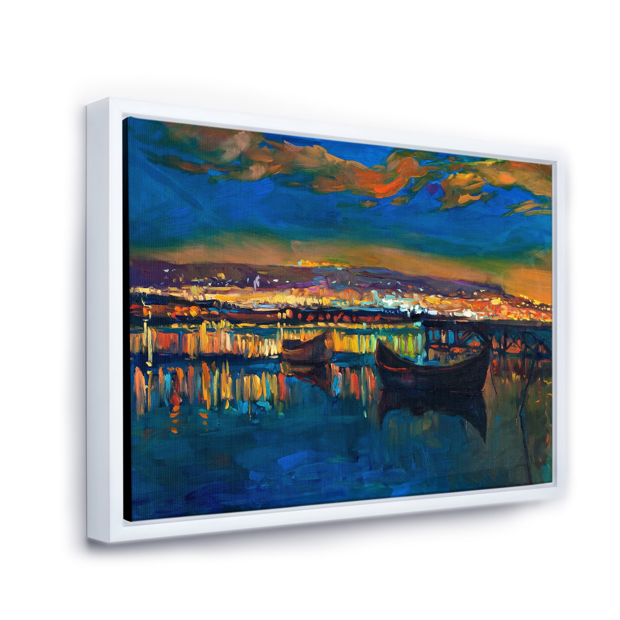 Designart 'Two Little Boats In The VIllage Harbor Ar Night' Nautical & Coastal Framed Canvas Wall Art Print