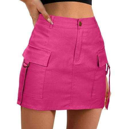 EHQJNJ Female Summer Skirts for Women 2024 Low Waist Cargo Skirt Women Button Mini Cargo Skirt with Pocket a Line Skirt Pleated Skirts for Women Mini Skirt Lingerie Leather
