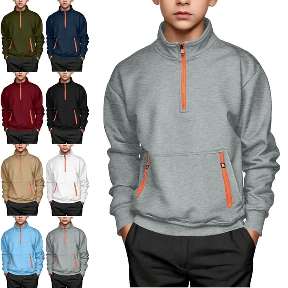 NAISIBABY Boys Cargo Sweatshirt Size 10-12, Casual Collared Half-Zip Long-Sleeve Pullover Hoodies Gray