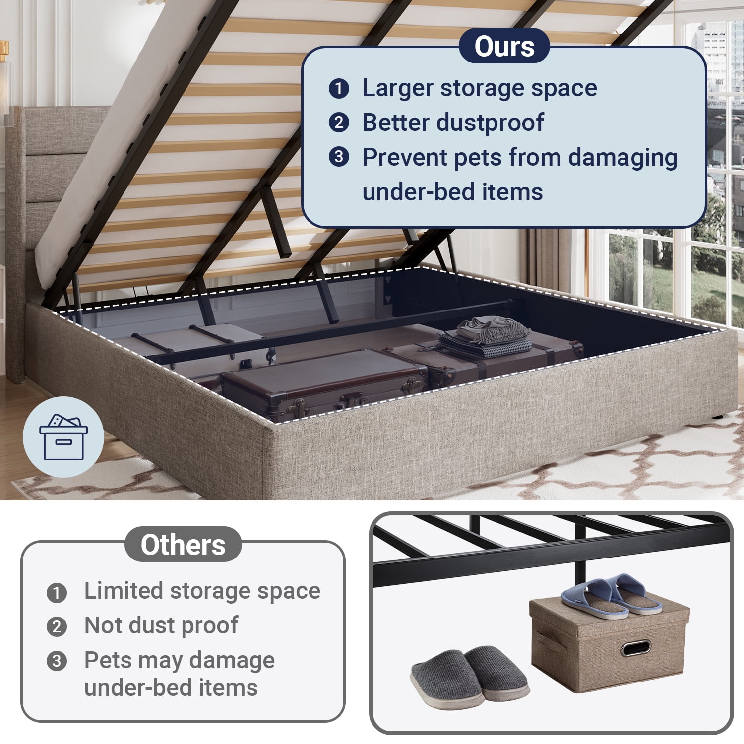 Allewie King Size Lift Up Platform Storage Bed Frame with Channel Wingback Headboard, Light Beige