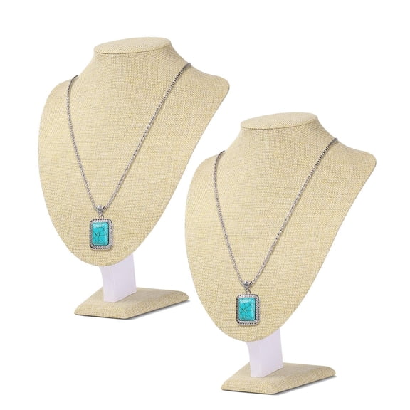 Flexzion Necklace Bust Display Stand (2 Pack) - 11 Inch 3D Mannequin Beige Linen Necklace Display Holder for Home, Boutique & Trade Shows - Jewelry Display for Selling Necklace, Pendants, Lockets