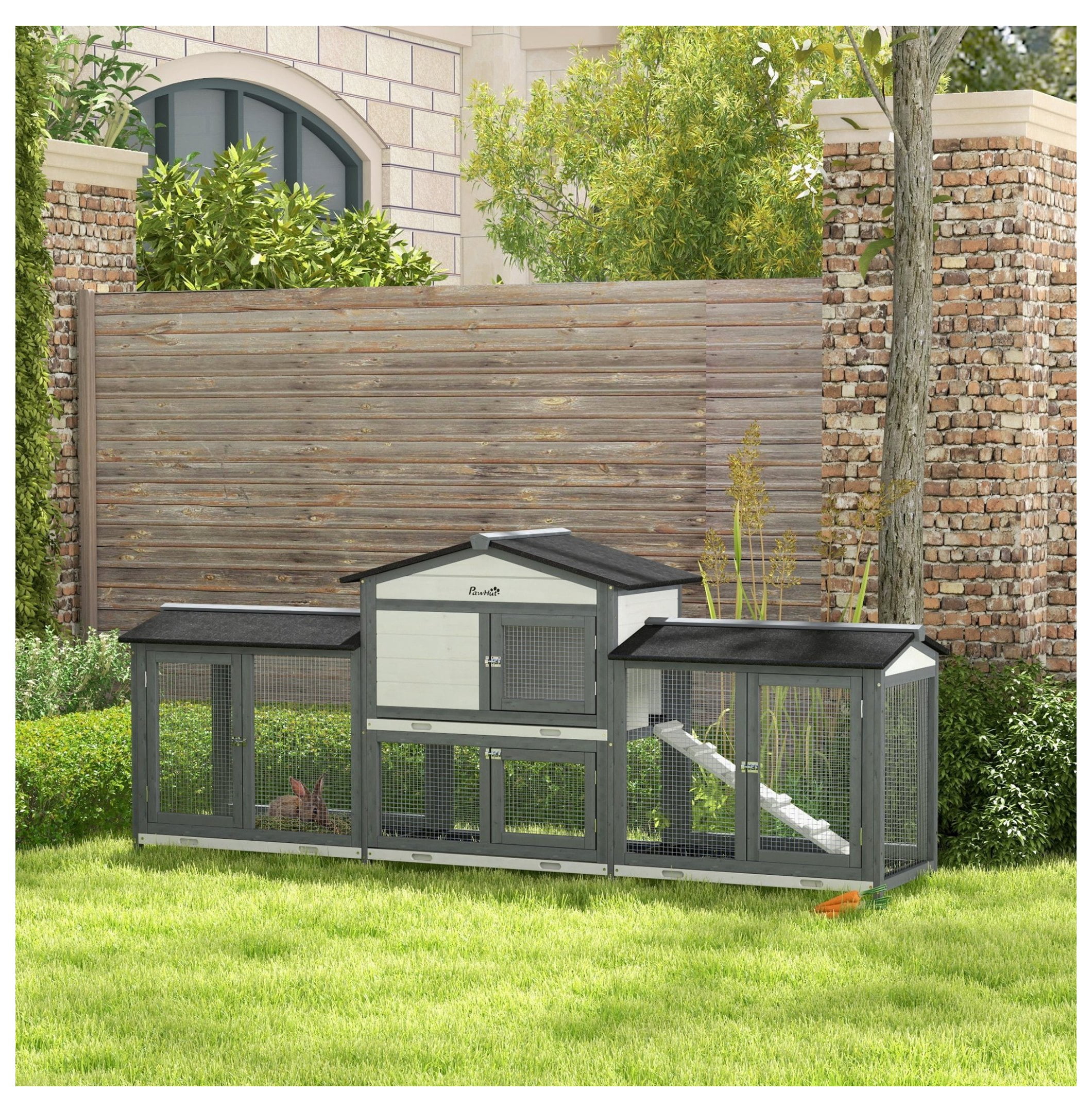 Rabbit Hutch 90.5" Wooden Bunny Cage - Double Run Boxes, Ramp, Pet Playpen for Guinea Pig & Small Animals, Light Gray