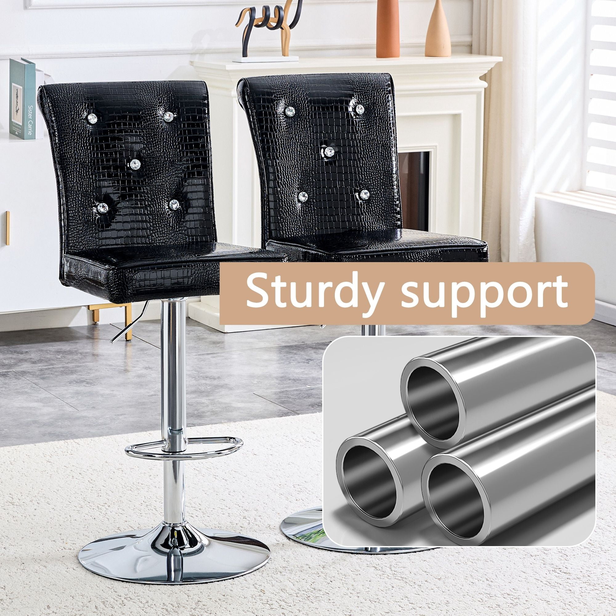 Alvantor Set of 2 Black Crocodile Faux Leather Lift Bar Stools with Crystal Accents