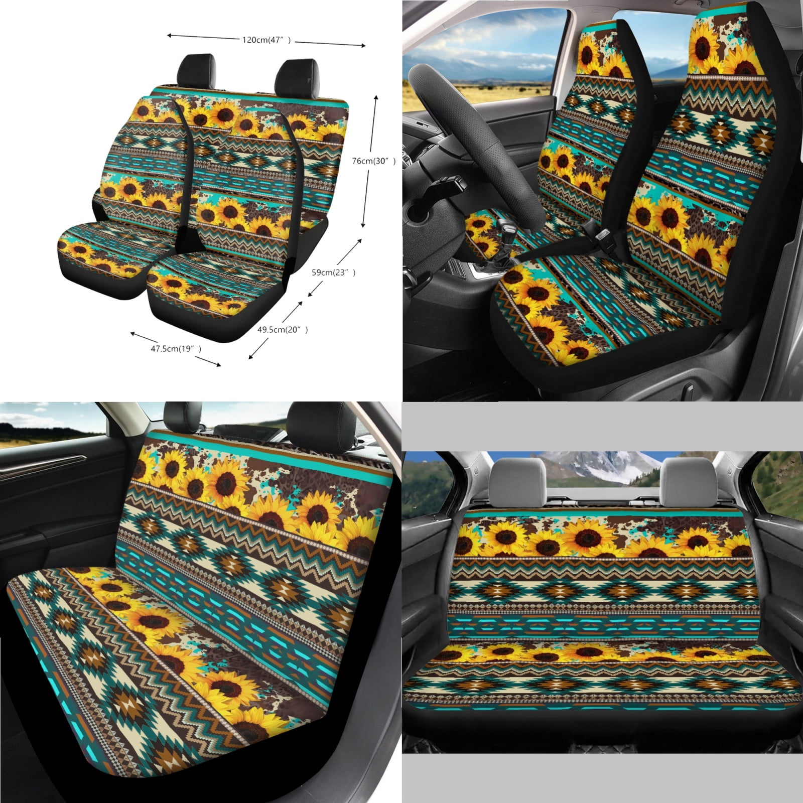 Yuyamidu Sunflower Car Seat Cover Full Set of 14 Green Aztec Steering Wheel Cover Seat Belt Covers Car Center Control Cover Gabage Bag Rearview Mirror Cover Handbrake Cover Set Coasters
