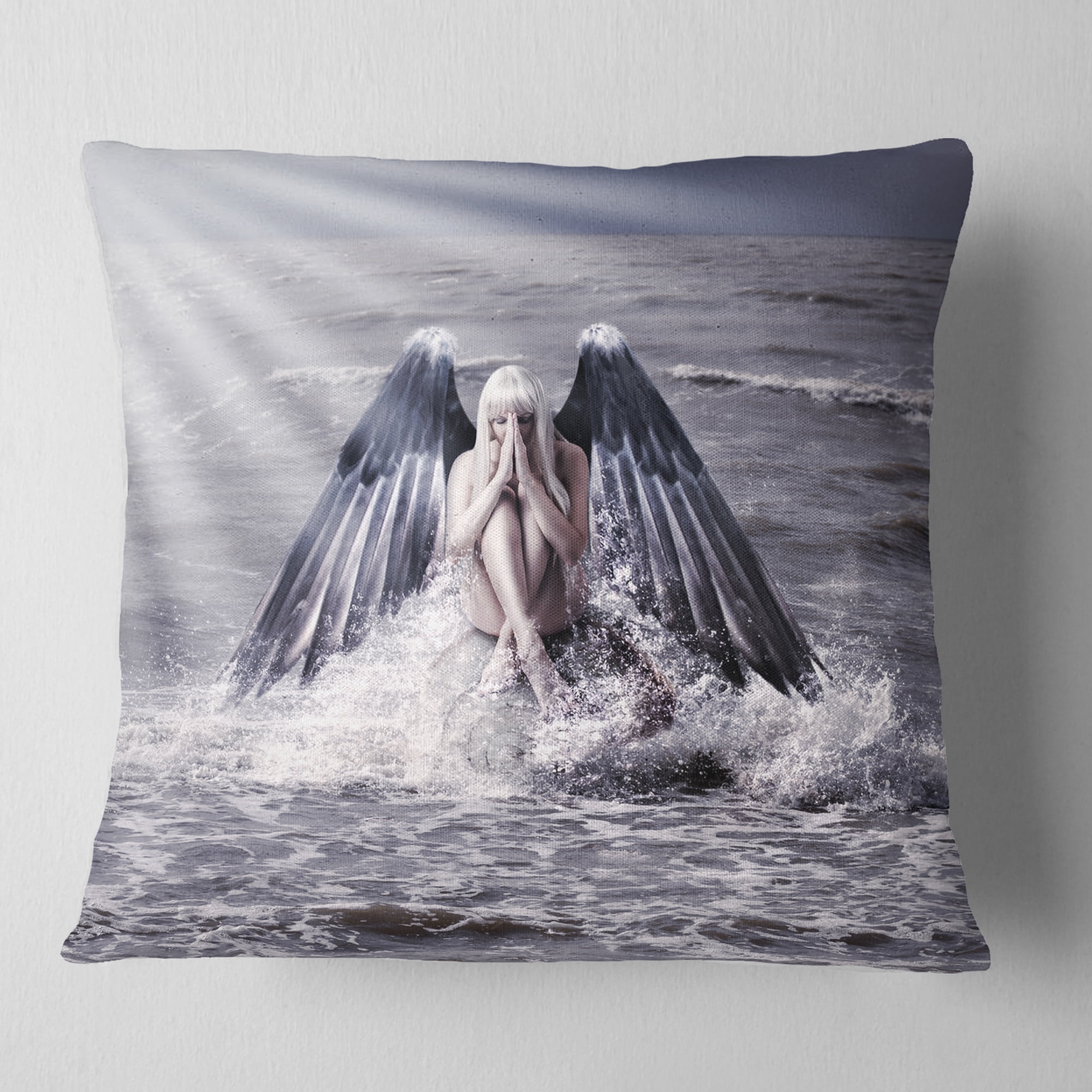 Designart Woman with Dark Angel Wings - Modern Beach Throw Pillow - 16x16