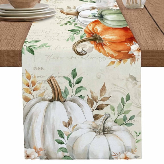 nqOlkjepod Thanksgiving Table Runner 60 Inches Long Farmhouse Dress Scarves, Sage Green Orange White Pumpkin Eucalyptus Dining Tablerunner for Coffee Table/Kitchen Island/Party Décor, 13" x 60"