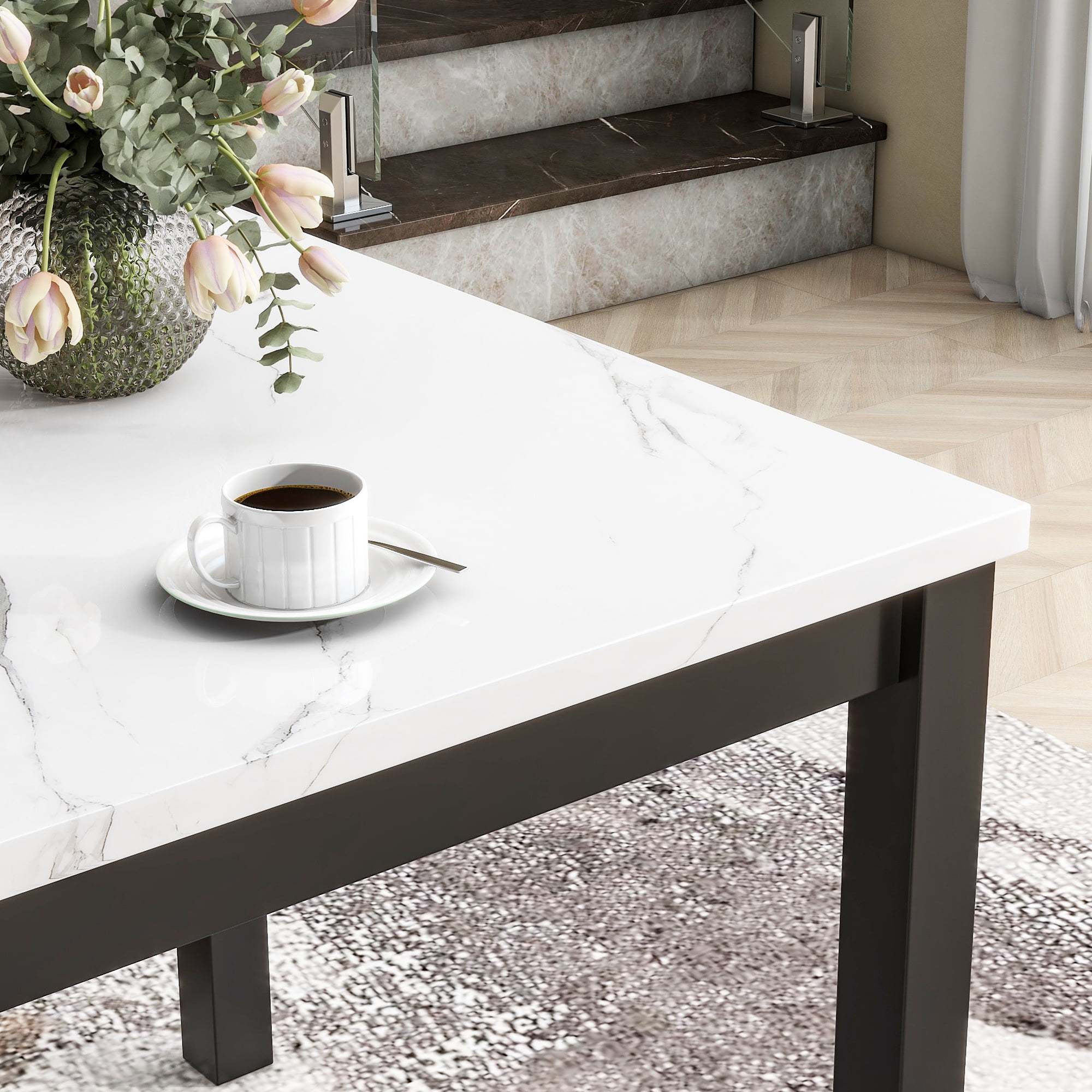 PORKISS Dining Table Set for 4, Dining Room Set with Faux Marble Kitchen Table and Velvet Upholstered Chairs, Counter Height Dining Set, Grey