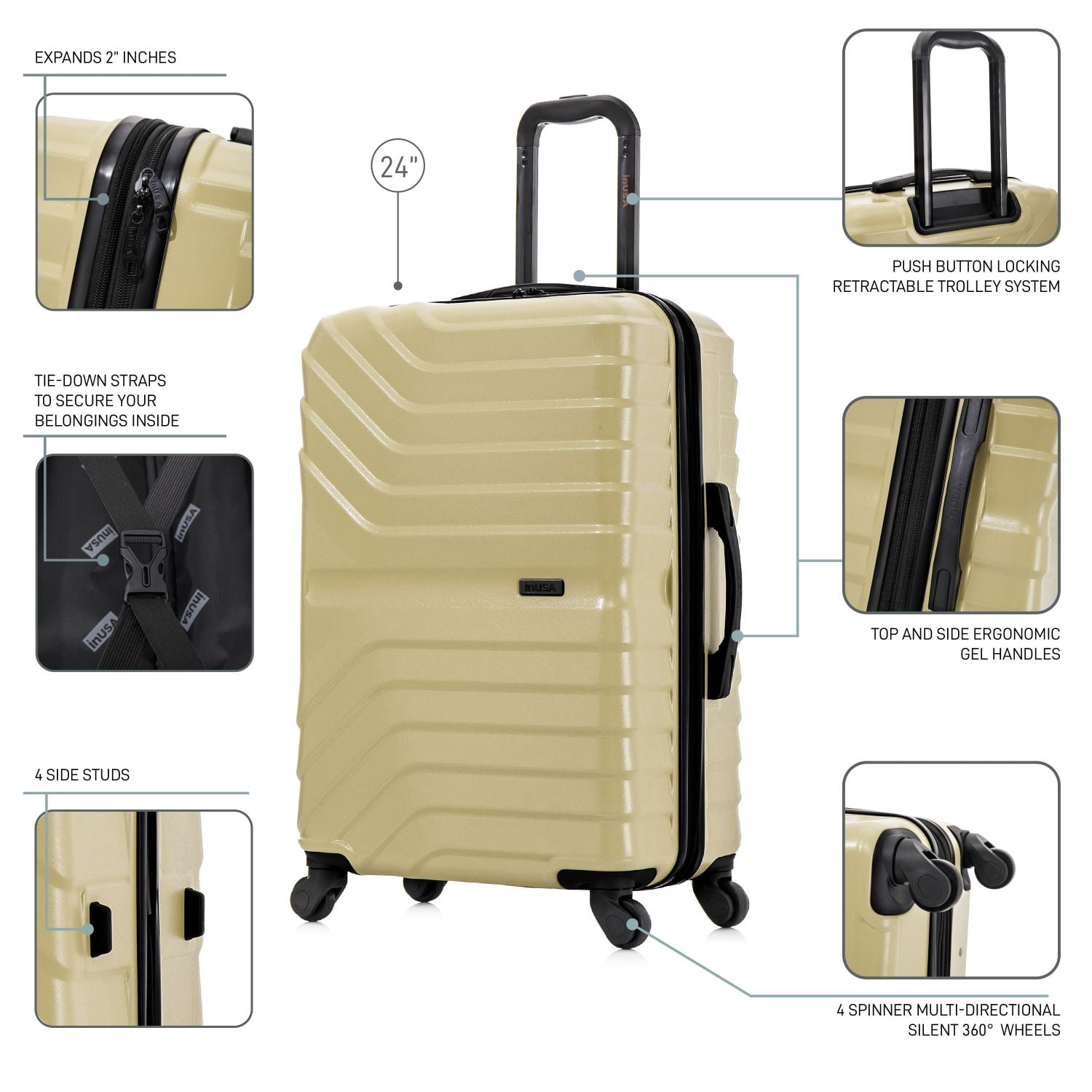 InUSA AURUM 24" Hardside Lightweight Checked Luggage with Spinner Wheels, Handle and Trolley, Champagne