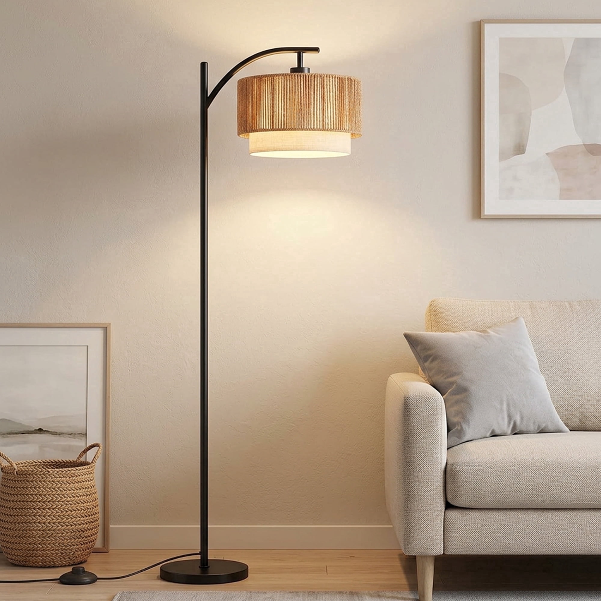DAYBETTER Floor Lamp for Living Room, Arc Floor Lamps with 3 Color Temperatures, Farmhouse Unique Hanging Douoble Drum Lampshade, for Bedroom, Living Room
