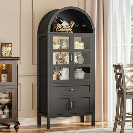 Cottinch 71" Tall Wood Display Cabinet with Glass Doors and Adjustable Shelves & LED Lights Arched Cabinet China Cabinet,Black