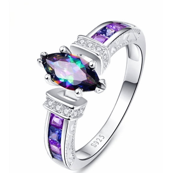 PONPRNGY Marquise Cut Engagement Ring for Women, Wedding Promise Cubic Zirconia Band, Silver Plated Bridal Half Eternity Simulated Diamond Rings for Anniversary, Size 10