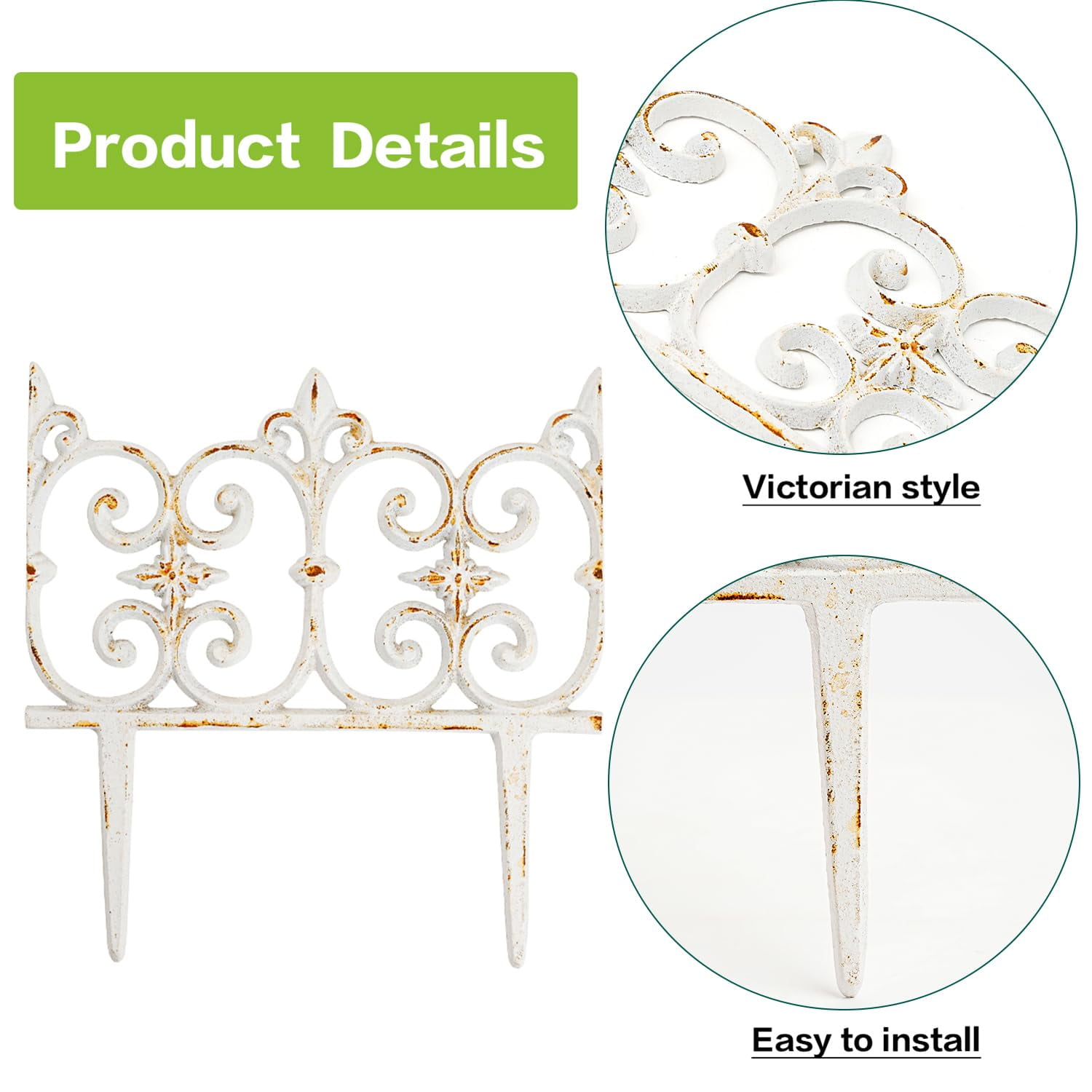 Sungmor 10.6" x 10" Rustic White Cast Iron Garden Edging, Landscape Decor, 4 Count