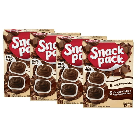 (4 pack) Snack Pack Milk Chocolate and Chocolate Fudge & Milk Chocolate Pudding, 3.25 oz Pudding Cups, 12 Count Family Pack