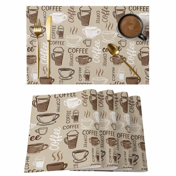 Coffee Placemats Set of 6, Beige Farmhouse Retro Beans Latte Tea Cup Funny Placemats for Dining Table, Place Mats for Kitchen Tabletop, Waterproof Wipeable Dining Table Mats Set